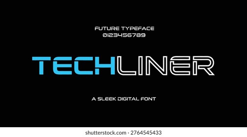 A futuristic typeface advertisement showcasing a sleek digital font on a black background with a modern and innovative style, highlighting the intersection of technology and design.