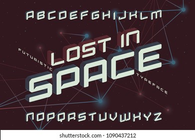 Futuristic typeface named "Lost in space" with lines extruded effect and geometric vector background
