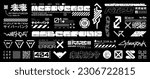 Futuristic typeface. Sci-fi art lettering, graphic design elements for merch, typography, t-shirt, streetwear. Cyberpunk lettering, signs. Translation from Japanese - cyberpunk, future is now, future