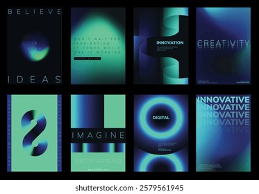 Futuristic typography design posters. Digital poster template set with abstract blue and green gradient background design. Set of digital innovation poster templates, blue and neon green design