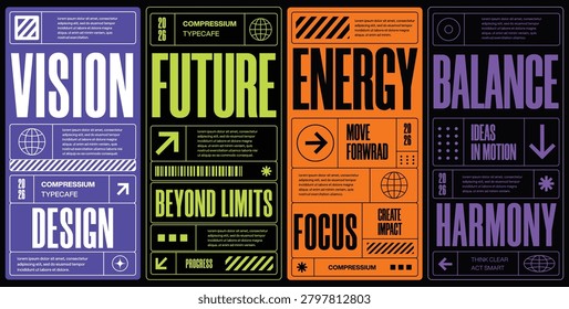 Futuristic typography poster collection with bold editorial layouts kinetic type design and retro tech graphic templates
