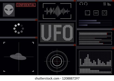 Futuristic UFO display. Spaceship. Vector illustration Alien