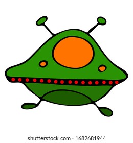 Futuristic UFO toy for children. Vector hand draw illustration isolated on white background