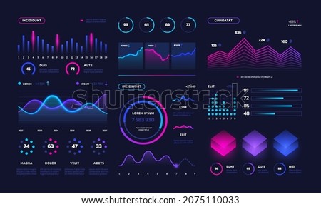 Futuristic UI dashboard. Technology infographic data interface charts, statistic, diagrams. Digital vector illustration