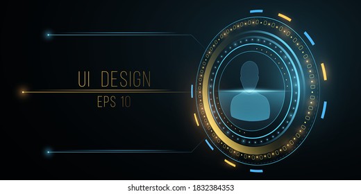 Futuristic UI design. Scanning user data. Glowing yellow and blue HUD display. Digital concept. High tech panel with index lines for your modern design. Vector illustration. EPS 10