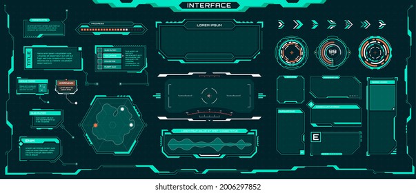 Futuristic ui elements. Sci-fi digital frames, arrows, callout titles, optical aim. Abstract cyberpunk virtual hud interface vector set. Dashboard display with menu window for game