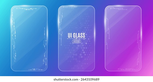 Futuristic UI glass card set featuring transparent panels with circuit board and electronic elements on a multicolored background. Design for hi-tech mobile interfaces and UX dashboards. Vector. - Powered by Shutterstock - Get 15% off with code: PIKWIZARD15