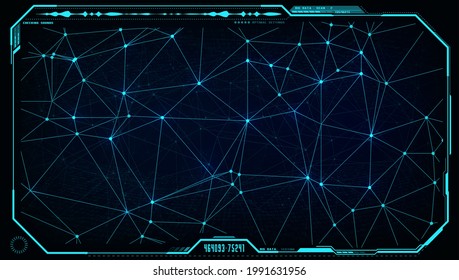Futuristic UI HUD big data network in digital display or screen monitor interface frame, vector business technology. Head up display with global network structure with connections of neon lines, dots
