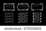 Futuristic ui HUD frames and tech buttons set isolated on black background. Vector realistic illustration of silver chrome web stream interface design elements, metal borders for cyberpunk game menu