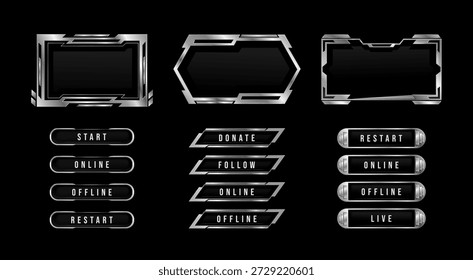 Futuristic ui HUD frames and tech buttons set isolated on black background. Vector realistic illustration of silver chrome web stream interface design elements, metal borders for cyberpunk game menu