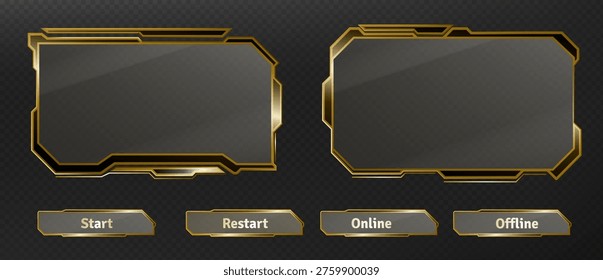 Футуристический UI HUD фреймы и технические кнопки, изолированные на прозрачном фоне. Векторная реалистичная иллюстрация интерфейса веб-потока золотого хрома, элементы дизайна, металлические границы для киберпанка меню