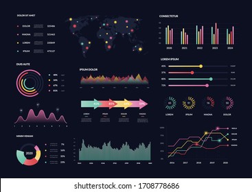 Futuristic ui infographics. Vector network management data screen with colored charts, graphic, ui panel. Interface template digital illustration on tech panel hud diagram