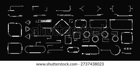 Futuristic UI interface elements. Sci-Fi frames and callouts titles. Digital technology bar, banner, panels, divider, box, high tech lines. Game graphic dashboards. Vector set.