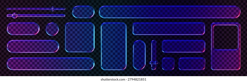 Futuristic UI kit shows a collection of transparent buttons and sliders in neon colors suitable for web and app design with glassmorphism style.