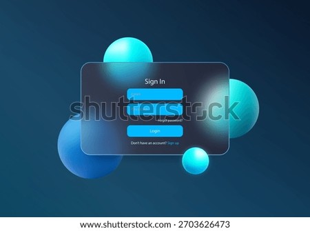 Futuristic UI login screen with glowing neon blue input fields and floating cyan-blue 3D spheres on a glass panel.