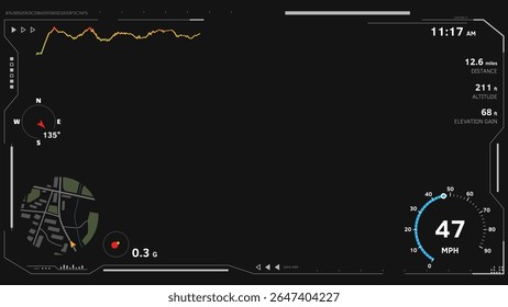 Futuristic UI telemetry overlay template on black background. Includes speed, altitude, GPS data, speed tracker, minimap and HUD elements. For action camera, car camera, sport videos, FPV overlays.