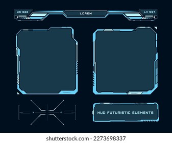 Futuristic ui: windows, target and header. High tech elements for user interface. Modern HUD control panel. Sci-fi concept design. UI for video games and VR. Vector illustration. 