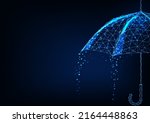 Futuristic umbrella with rain concept banner and copy space in glowing low poly style on blue