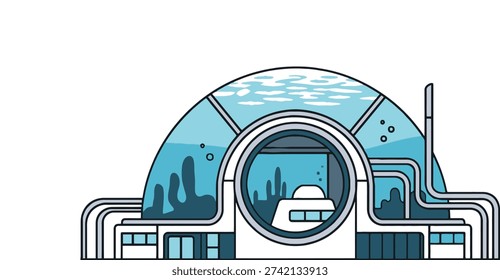Futuristic underwater biodome with observation windows and submersible, representing marine research, ocean exploration, and aquatic habitats.