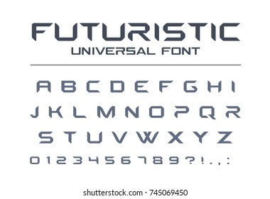 Futuristic universal font. Geometric, future techno alphabet. Letters and numbers for military, industrial, technology, racing sport, electric car logo design. Modern minimalistic vector typeface