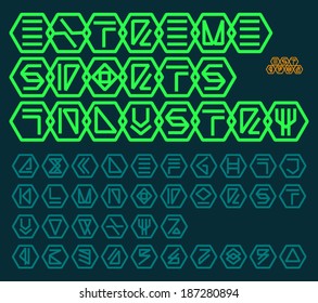 Futuristic unreadable alphabet. Thin font. Vector graphics. Logo template.