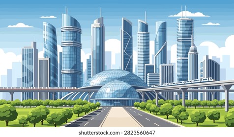 Futuristic urban landscape showcasing a central glass dome building, elevated monorail, and surrounding parkland.
