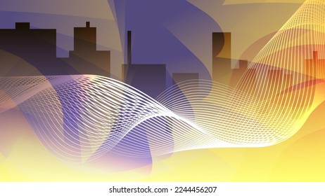 Futuristic urban wallpaper in yellow-purple tones. Intertwining wavy lines against the silhouette of urban architecture, overlapping shapes and mixing colors. Vector.