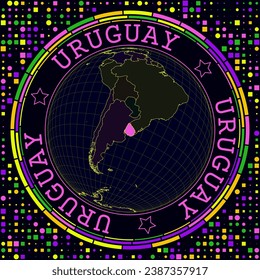 Futuristic Uruguay on globe. Bright neon satellite view of the world centered to Uruguay. Geographical illustration with shape of country and geometric background. Creative vector illustration.