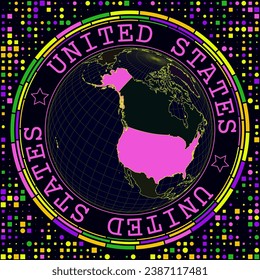 Futuristic USA on globe. Bright neon satelite view of the world centered to USA. Geographical illustration with shape of country and geometric background. Cool vector illustration.