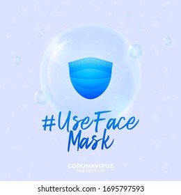 Futuristic use face mask during christmas and coronavirus outbreak concept. Concept prevention COVID-19 disease with virus cells, glossy realistic ball on blue background