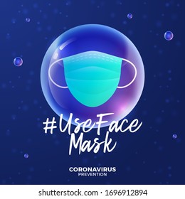 Uso futurista máscara facial durante el concepto de brote de coronavirus. Prevención conceptual de la enfermedad COVID-19 con células de virus, bola realista brillante sobre fondo azul