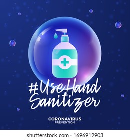 Futuristic use hand sanitizer during christmas and coronavirus outbreak concept. Concept prevention COVID-19 disease with virus cells, glossy realistic ball on blue background