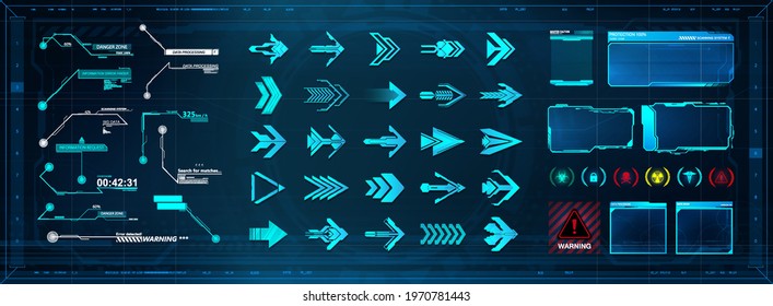 Futuristic User Elements set. HUD callouts titles, Arrows and frame screens. Digital GUI, HUD and UI elements set. Callout bar labels, hi-tech boards and holograms. Digital info boxes template. Vector