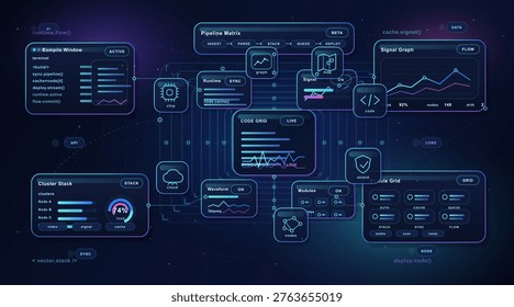Futuristic user interface dashboard with interconnected data panels, code snippets, graphs, and cloud computing icons on a dark digital background.