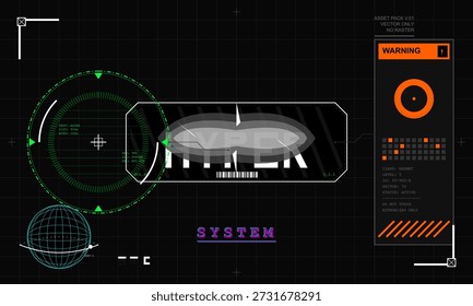Futuristic user interface design with data elements and system alerts. Features circular graphs, warning signals, and gridlines, suitable for tech projects.