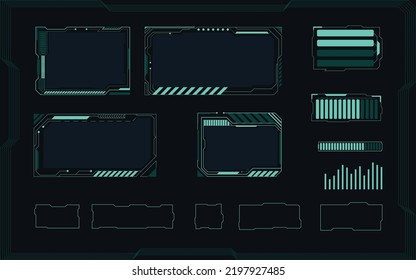 Futuristic User Interface design set. Hi-tech elements - frame, circle charts, callouts titles, frame, info box, graphics, shapes. Digital elements for futuristic UI, VR vector collection objects