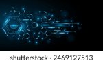 Futuristic user Interface with digital scanning fingerprint. Sci Fi HUD dashboard of hexagons and glowing circuit board. GUI and UI design. Vector illustration.