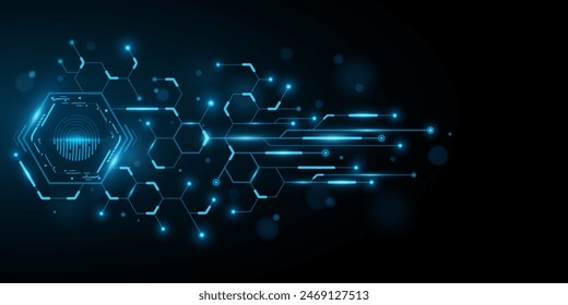 Futuristic user Interface with digital scanning fingerprint. Sci Fi HUD dashboard of hexagons and glowing circuit board. GUI and UI design. Vector illustration.