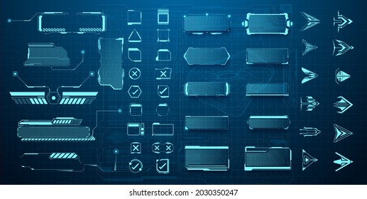Futuristic user interface elements arrow, button, frame. Holographic elements of the hud user interface, high-tech panels. A set of illustrations of interface icon. Panels, hologram window or display