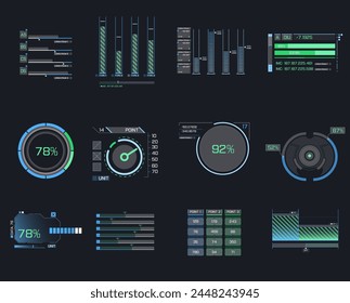 Futuristic user interface elements arrow, button, frame. 
Holographic elements of the hud user interface. 
A set of illustrations of interface icon.