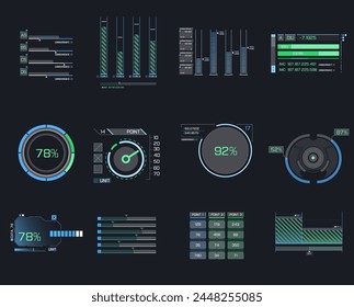 Futuristic user interface elements arrow, button, frame. 
Holographic elements of the hud user interface. 
A set of illustrations of interface icon.
