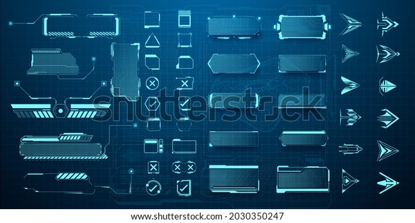 Futuristic user interface elements arrow, button,\
frame. Holographic elements of the hud user interface, high-tech\
panels. A set of illustrations of interface icon. Panels, hologram\
window or display