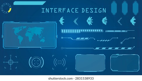 Futuristic user interface elements set with glowing blue sci-fi displays, map, charts, and loading bars