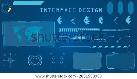 Futuristic user interface elements set with glowing blue sci-fi displays, map, charts, and loading bars