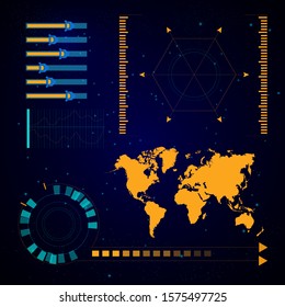 Futuristic user interface, game design, virtual technology, spaceship navigation vector. Hologram map, Earth continents on touchscreen. Control panel target screen, sci fi digital radar for vr