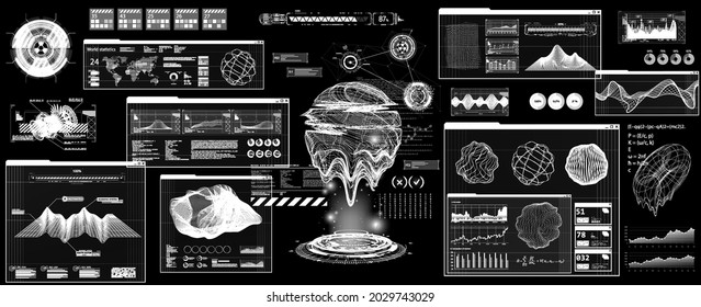 Futuristic User Interface With Head Up Display - HUD. Futuristic Dashboard Interface For UI, UX, GUI. Scifi Callouts Titles And Windows Frame In HUD Style. 3D Hologram Geometric Shapes. Vector FUI