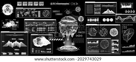 Futuristic User Interface with Head Up Display - HUD. Futuristic dashboard interface for UI, UX, GUI. Scifi callouts titles and windows frame in HUD style. 3D Hologram geometric shapes. Vector FUI