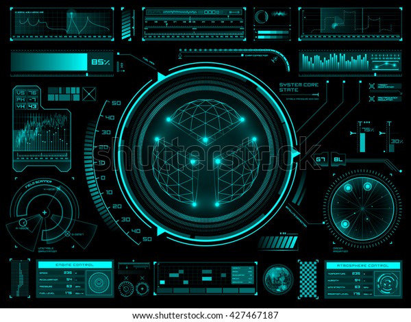 ゲームの作成や動画のオーバーレイに使用する未来的なユーザーインターフェイスhudテクニカルエレメント Sfベクター画像デザインセット のベクター画像素材 ロイヤリティフリー