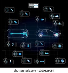 Futuristic user interface. HUD UI. Abstract virtual graphic touch user interface. Cars infographic. Cars diagnostic. Vector science abstract. Vector illustration.