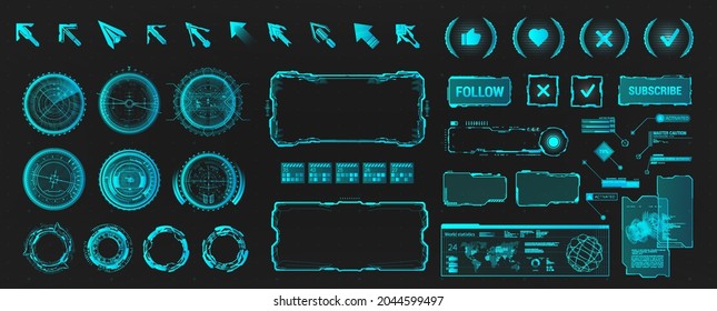 Futuristic User Interface HUD for UI, UX, Web. Abstract circle Sci-fi gadgets, callouts titles, frame, button, bar labels, info call box bars in HUD and GUI style. Virtual interface template. Vector